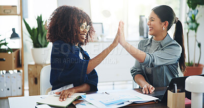 Buy stock photo Business people, happy and high five in office for sales success, collaboration or revenue increase. Goal achievement, celebration or marketing team with smile for winning, charts or graphs of profit