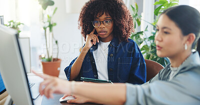 Buy stock photo Woman, team and meeting with computer and listening for sustainable idea, proposal discussion and pointing. Person, coworker and communication for plan in office with desktop for eco friendly project