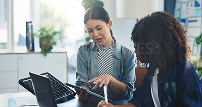 Buy stock photo Review, solar panel or women in office with tablet, feedback or plan in energy pitch. Sustainable, tech or esg manager in agency with photovoltaic cell, solution or partner in renewable power project