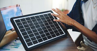 Buy stock photo Review, solar panel or hands in office with model, feedback or plan for energy pitch. Sustainable, woman or esg director in agency with tech, photovoltaic cell or solution for renewable power project