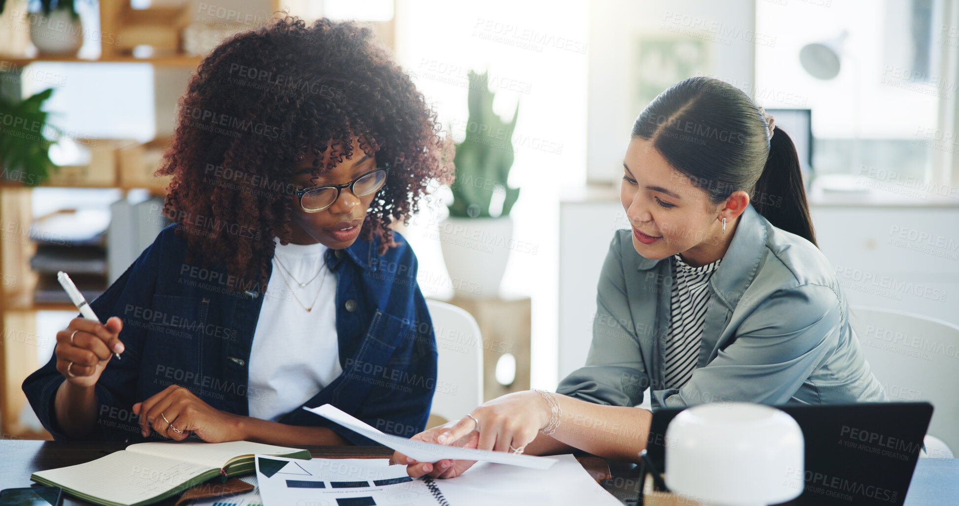 Buy stock photo Team, document and discussion with business women for brand proposal, idea or advertising notes. Paper, planning and meeting for strategy, pointing or campaign review with decision in creative office