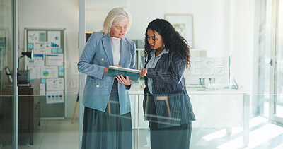 Buy stock photo Tablet, team and planning with business people in office for key account manager, roi project and reading. Funding review, budget admin and digital report with employees in agency as advisor