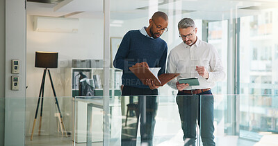 Buy stock photo Tablet, team and research with business people in office for key account manager, roi project and planning. Funding review, budget admin and digital report with employees in agency as advisor