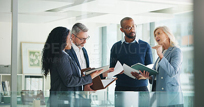 Buy stock photo Business, documents and people with meeting discussion for finance trends, policy decision or update. Financial managers, report and feedback in office for investment strategy or risk management team