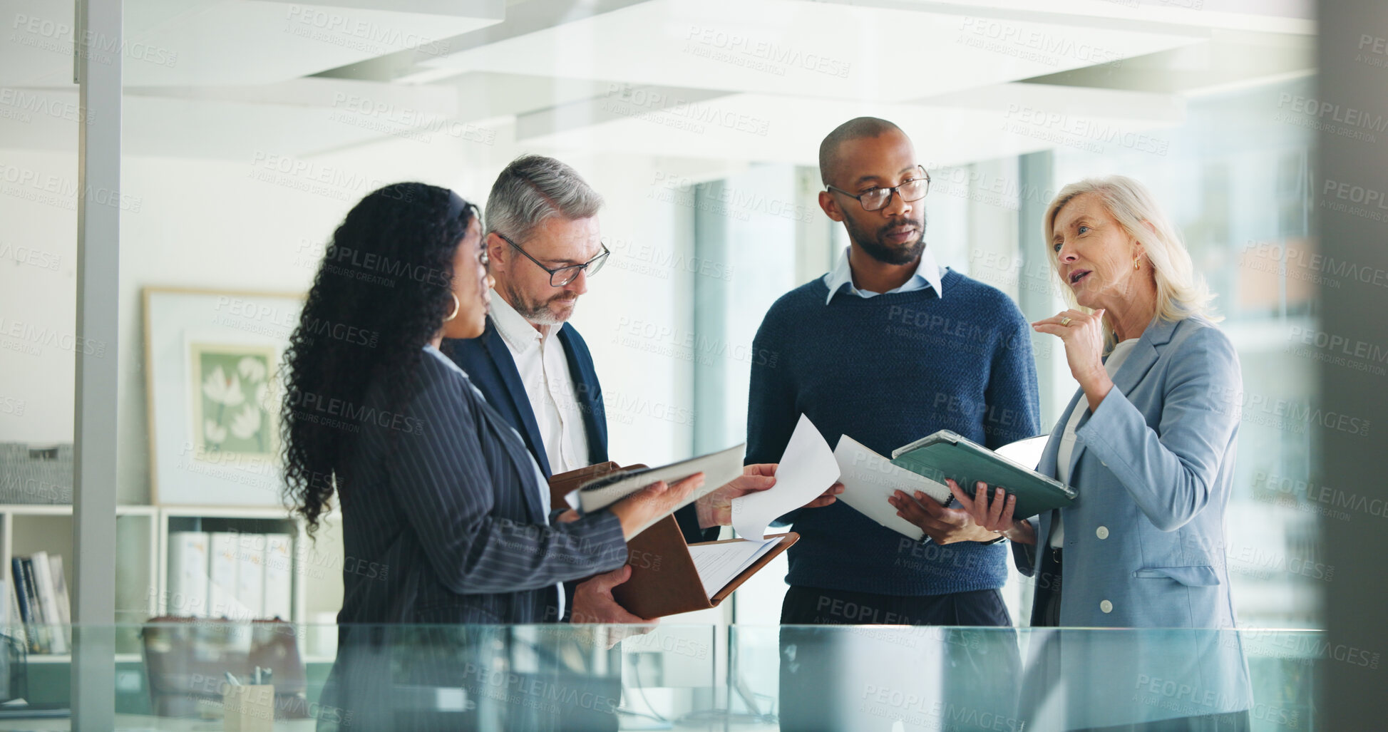 Buy stock photo Business, documents and people with meeting discussion for finance trends, policy decision or update. Financial managers, report and feedback in office for investment strategy or risk management team