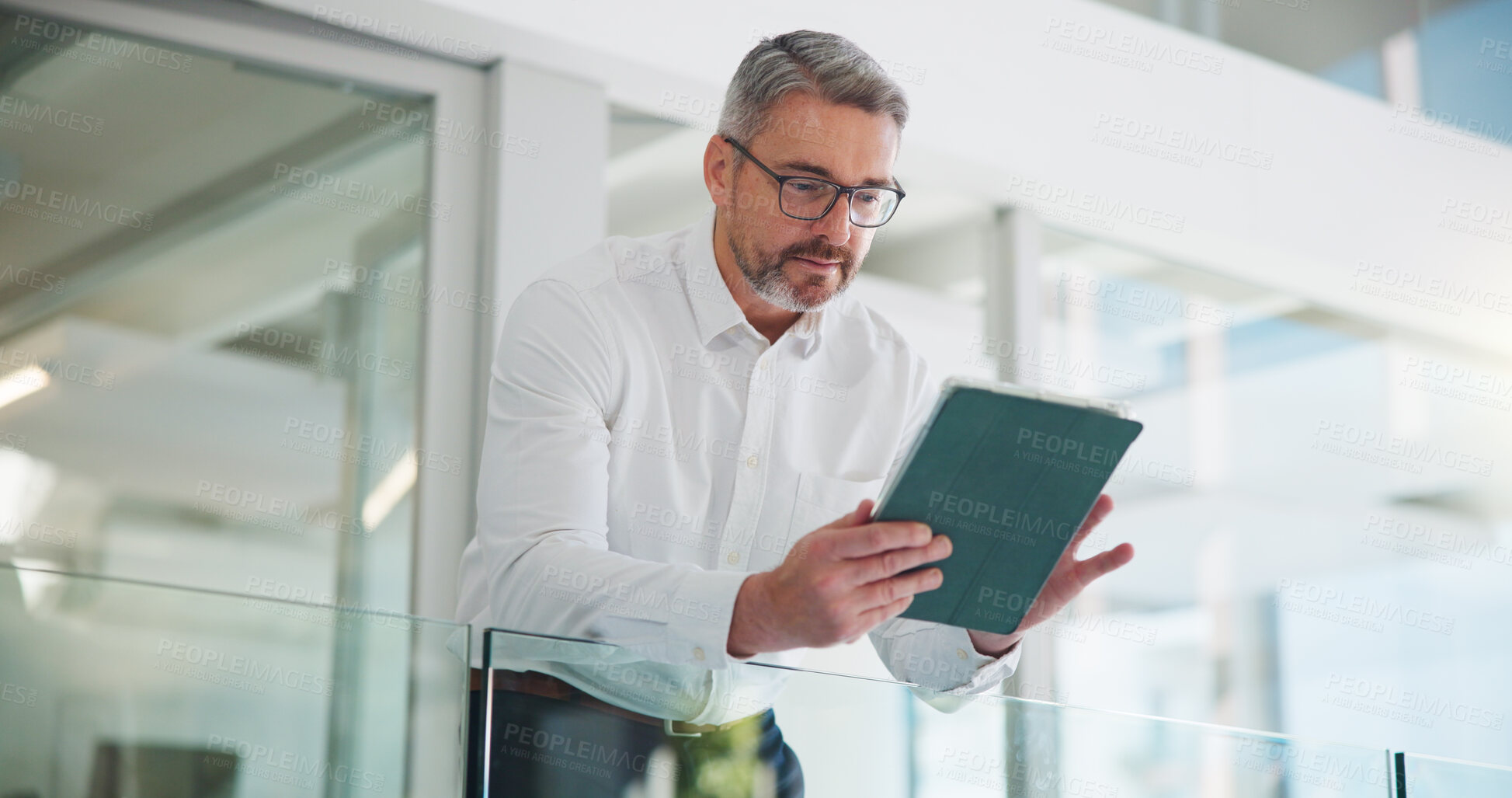 Buy stock photo Tablet, planning and research with business man in office for key account manager, roi project and reading. Funding review, budget admin and digital report with mature person in agency as advisor