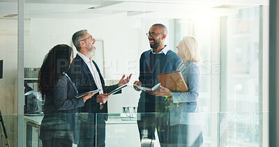 Buy stock photo Business, tablet and people with meeting discussion for finance trends, policy decision or happy. Financial managers, documents and feedback in office for investment strategy or risk management team