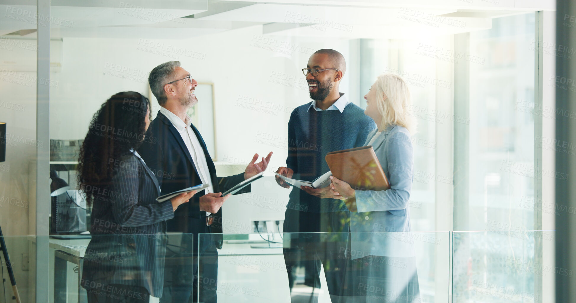 Buy stock photo Business, tablet and people with meeting discussion for finance trends, policy decision or happy. Financial managers, documents and feedback in office for investment strategy or risk management team