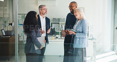 Buy stock photo Talking, team and business people in office, planning and collaboration for project. Men, women and employees with conversation, funny and feedback for proposal, coworking and smile with ideas