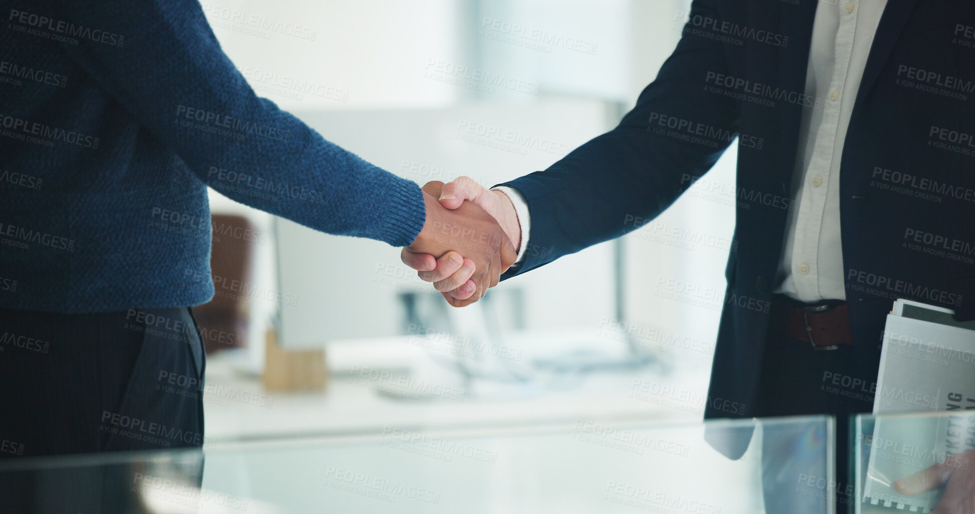 Buy stock photo Handshake, partnership and business men in office with deal, finance contract or greeting. Welcome, negotiation and financial manager shaking hands with client for investment proposal in workplace
