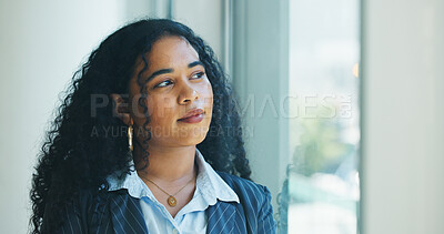 Buy stock photo Planning, window and businesswoman in office with ideas, brainstorming, or thinking for finance career. Happy, decision and female financial intern in workplace with choice, reflection or opportunity