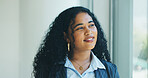Thinking, window and businesswoman in office with ideas, brainstorming, or planning for finance career. Happy, decision and female financial intern in workplace with choice, reflection or opportunity