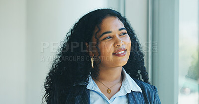 Buy stock photo Thinking, window and businesswoman in office with ideas, brainstorming, or planning for finance career. Happy, decision and female financial intern in workplace with choice, reflection or opportunity