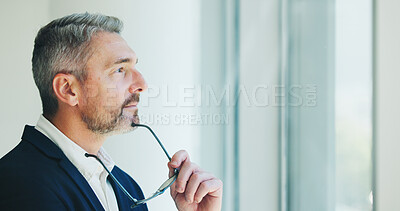 Buy stock photo Thinking, window and mature businessman in office with brainstorming, planning or decision. Glasses, ideas and male executive CEO in workplace with choice, reflection or opportunity for company.