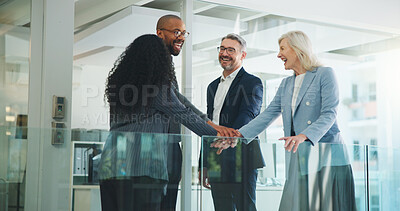Buy stock photo Stack of hands, partnership and business people in office with solidarity, unity or teamwork. Happy, collaboration and group of financial advisors with manager for good news together in workplace.