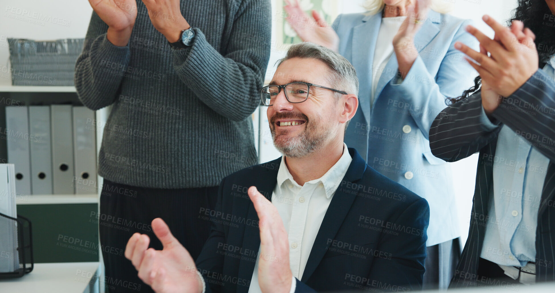 Buy stock photo Businessman, team and applause at office meeting, success and achievement at investment agency. Mature person, group and clapping hands with goals, support or congratulations for milestone at company