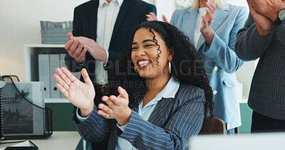 Buy stock photo Woman, team and applause at office meeting, success and achievement at investment agency. Person, group and happy with clapping hands for goals, support or congratulations for milestone at company