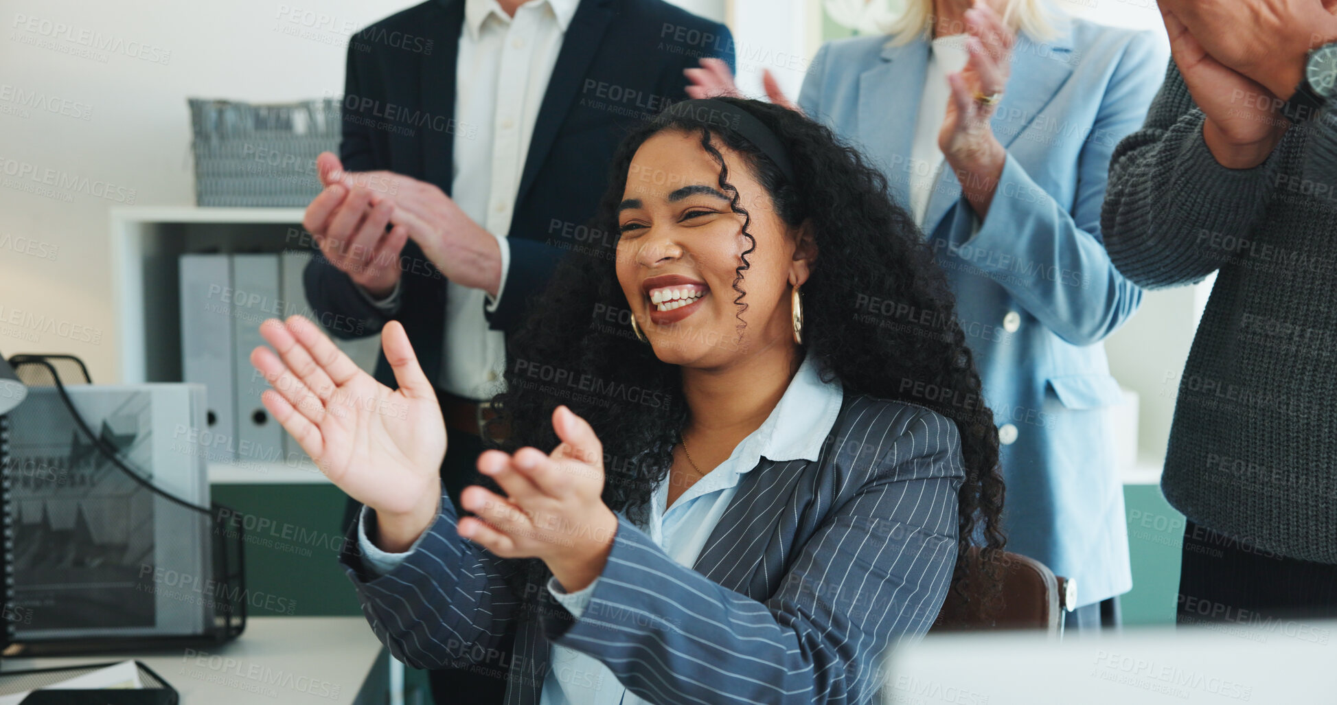 Buy stock photo Woman, team and applause at office meeting, success and achievement at investment agency. Person, group and happy with clapping hands for goals, support or congratulations for milestone at company