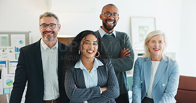 Buy stock photo About us, portrait and smile of business people in office together for collaboration or team building. Arms crossed, confident and diversity with happy employee group in workplace for development