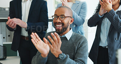 Buy stock photo Man, team and applause at office meeting, celebration and achievement at investment agency. Person, group and happy with clapping hands for goals, congratulations or success with milestone at company
