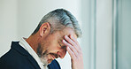 Mature businessman, headache and tired at window, visual fatigue and burnout at insurance company. Person, advisor and frustrated with migraine, eye strain and exhausted with brain fog at agency