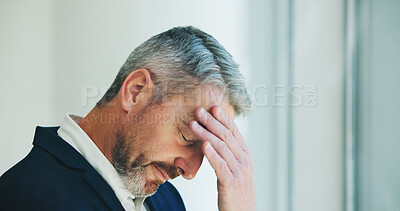 Buy stock photo Mature businessman, headache and tired at office, visual fatigue and burnout at insurance company. Person, advisor and frustrated with migraine, eye strain and exhausted with brain fog at agency