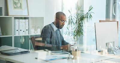 Buy stock photo Office, paperwork and mature business black man with finance report, proposal and budget review. Accountant, corporate and person with documents for financial planning, asset management and audit