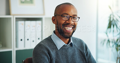 Buy stock photo Portrait, business and man in office, smile and confidence with financial consultant. African person, advisor and employee in workplace, career ambition and pride with happiness and professional