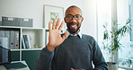 Black man, video call and pov at office with wave, smile and online consulting at investment company. African person, financial advisor and portrait with greeting, virtual meeting or hello at agency