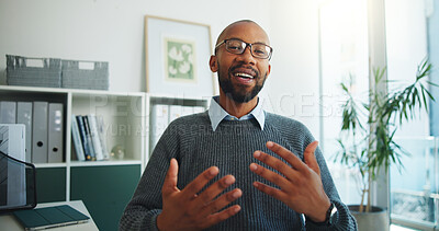 Buy stock photo Black man, video call and portrait at office with contact, pov or online consulting at investment company. African person, financial advisor and broker with talk, virtual meeting or explain at agency