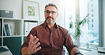 Portrait, business and man with video call in office for planning, story ideas or interview source. Pov, mature person and conversation for webinar, editor feedback and contact agency for publication