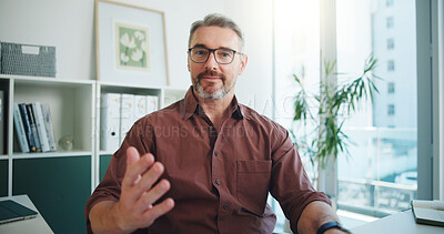 Buy stock photo Portrait, business and man with video call in office for planning, story ideas or interview source. Pov, mature person and conversation for webinar, editor feedback and contact agency for publication