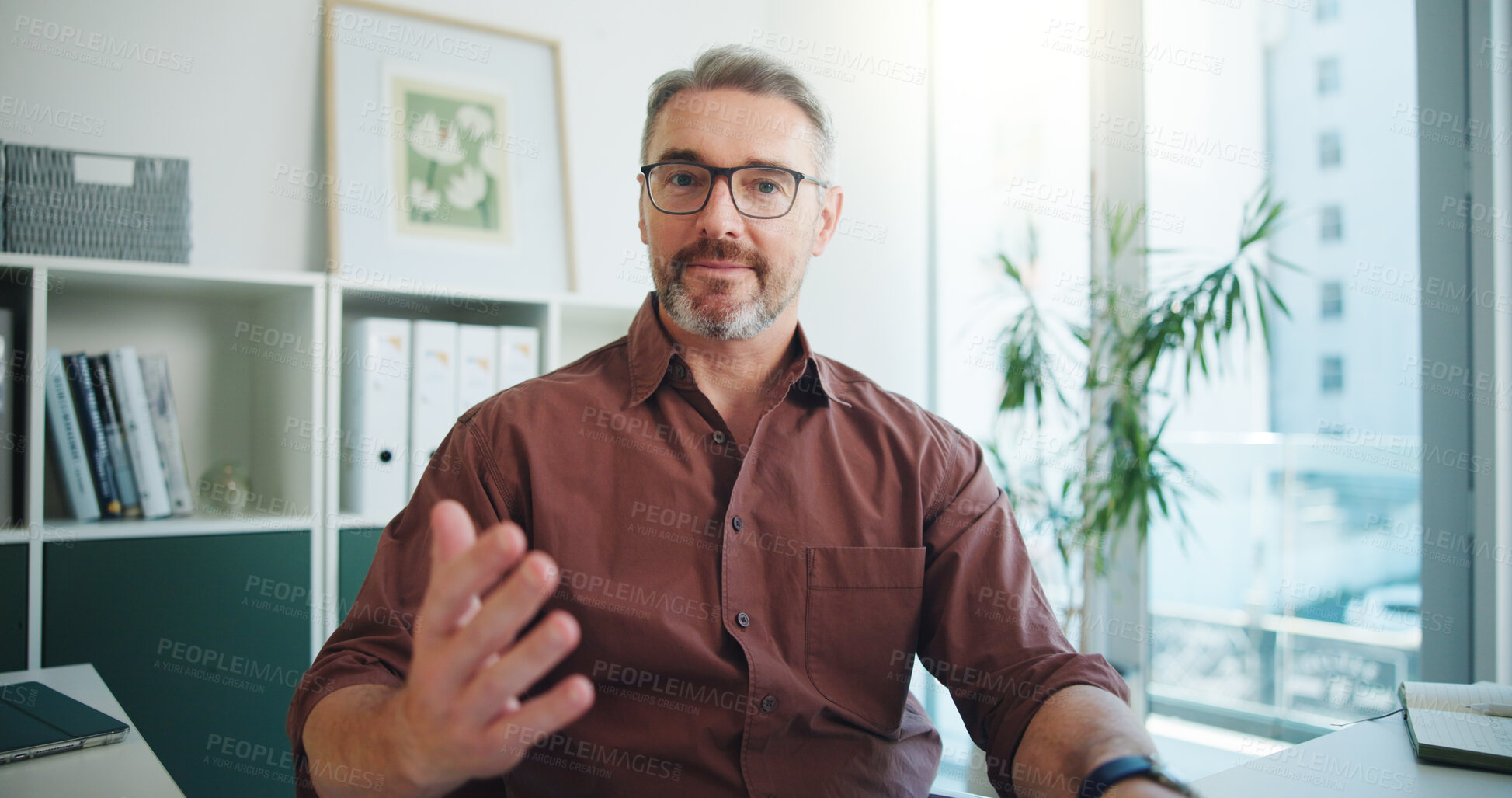 Buy stock photo Portrait, business and man with video call in office for planning, story ideas or interview source. Pov, mature person and conversation for webinar, editor feedback and contact agency for publication