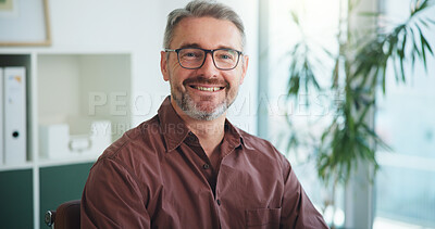 Buy stock photo Portrait, smile and man in office, business and confidence with success, eyewear or clear vision. Mature person, entrepreneur and employee in workplace, happiness and glasses with career ambition