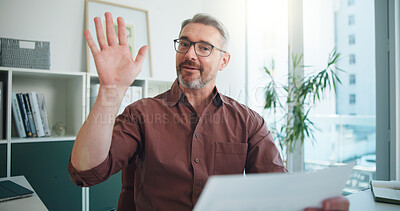 Buy stock photo Portrait, video call and man with documents, waving and conversation with financial agency. POV, investor or mature person with paperwork, hello or report for investment audit, greeting and feedback