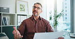Portrait, video call and man in office, documents and conversation with financial agency. POV, investor or mature person with paperwork, talking or report for investment audit or feedback for trading