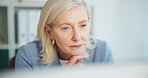 Reading, mature woman or computer in office, policy evaluation or risk management observation. Action plan ideas, assets reflection or auditor with financial record for accuracy check, pc or review
