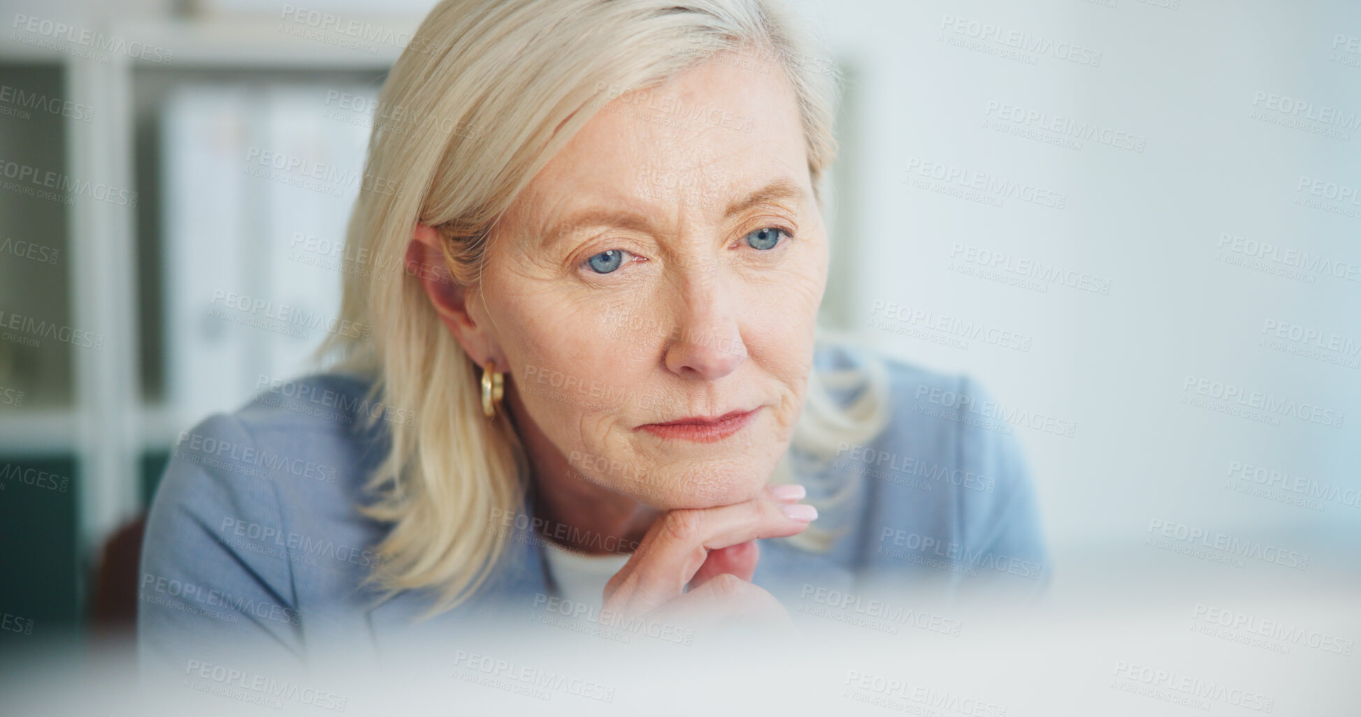 Buy stock photo Reading, mature woman or computer in office, policy evaluation or risk management observation. Action plan ideas, assets reflection or auditor with financial record for accuracy check, pc or review