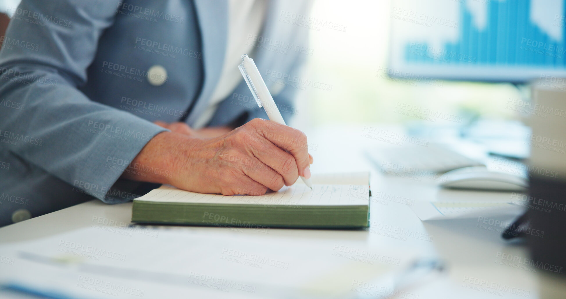 Buy stock photo Writing, office and hands of business woman with finance report, proposal and budget review. Accountant, corporate and person with notebook for financial planning, asset management and audit notes