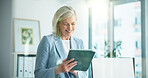 Tablet, reading and smile with business woman in office for key account manager, roi project and planning. Funding review, budget admin and digital report with mature person in agency as advisor