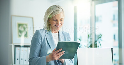 Buy stock photo Tablet, reading and smile with business woman in office for key account manager, roi project and planning. Funding review, budget admin and digital report with mature person in agency as advisor