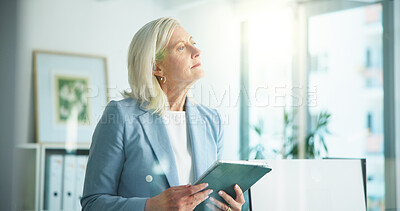 Buy stock photo Tablet, thinking and research with business woman in office for key account manager, roi project or vision. Funding review, budget admin and digital report with mature person in agency for reflection