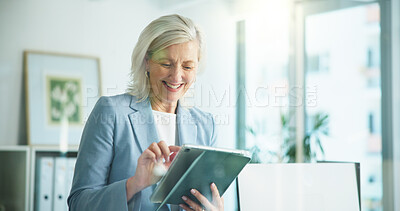 Buy stock photo Tablet, reading and smile with business woman in office for key account manager, roi project and planning. Funding review, budget admin and digital report with mature person in agency as advisor