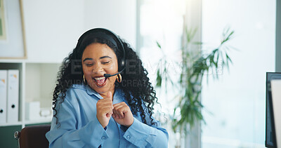 Buy stock photo Dancing, agent and woman with headset, call center and excited for complete target, win and success. Sales, consultant and person with mic for communication, happy and celebration for bonus in office