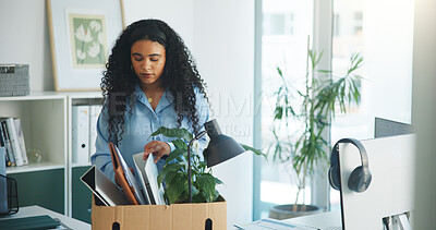 Buy stock photo Unemployed, woman or packing with box for leaving work, contract termination or layoff in finance agency. Person, gathering items or office supplies in container for job loss, retrenchment or ponder.