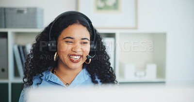 Buy stock photo Laughing, agent and woman with headset, call center and funny discussion with contact or sales offer. Happy, consultant and telemarketing with mic in office, communication and listening to joke