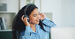 Music, smile and business woman in office for dancing, celebration and account advisor break. Happiness, headphones and online playlist with person listening in agency for sound, radio and audio