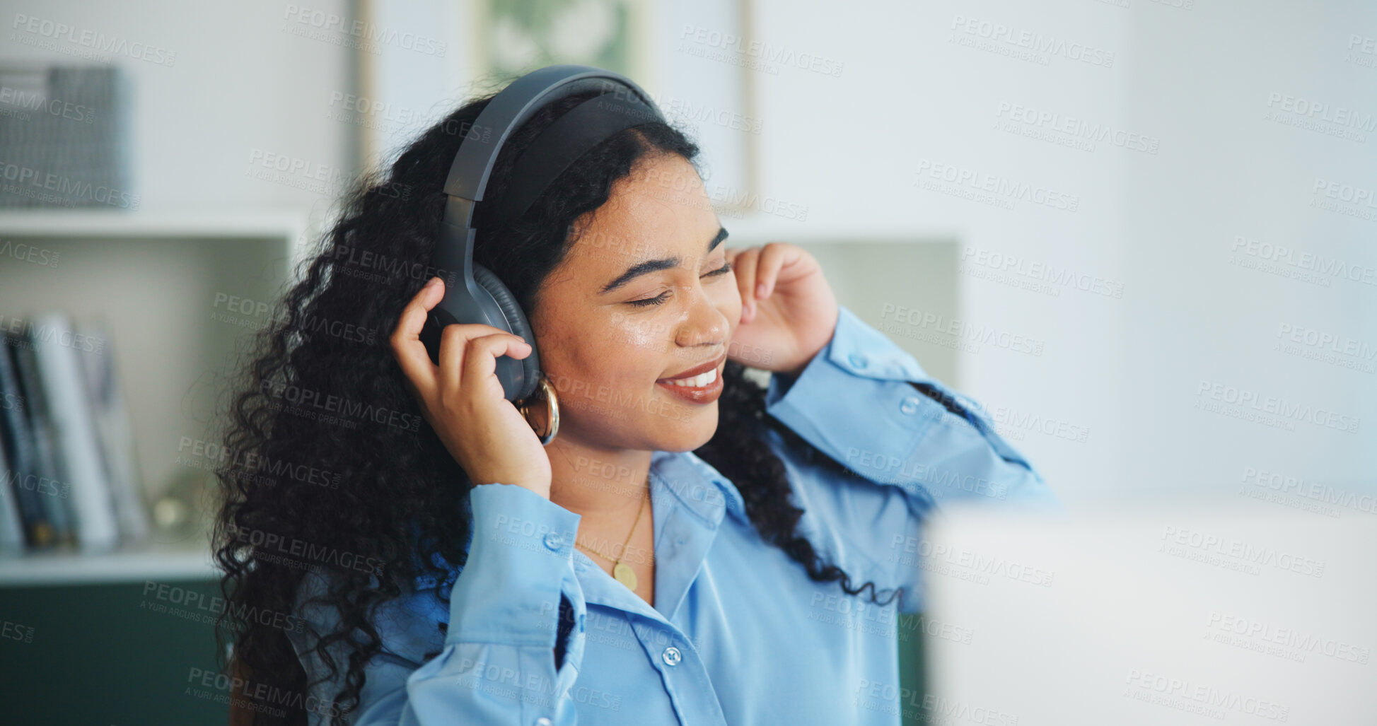 Buy stock photo Music, smile and business woman in office for dancing, celebration and account advisor break. Happiness, headphones and online playlist with person listening in agency for sound, radio and audio