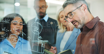 Buy stock photo Man, group and writing on glass wall at office, planning or insight with risk management solution. Mature person, team and notes on board for problem solving, strategy or feedback at insurance agency