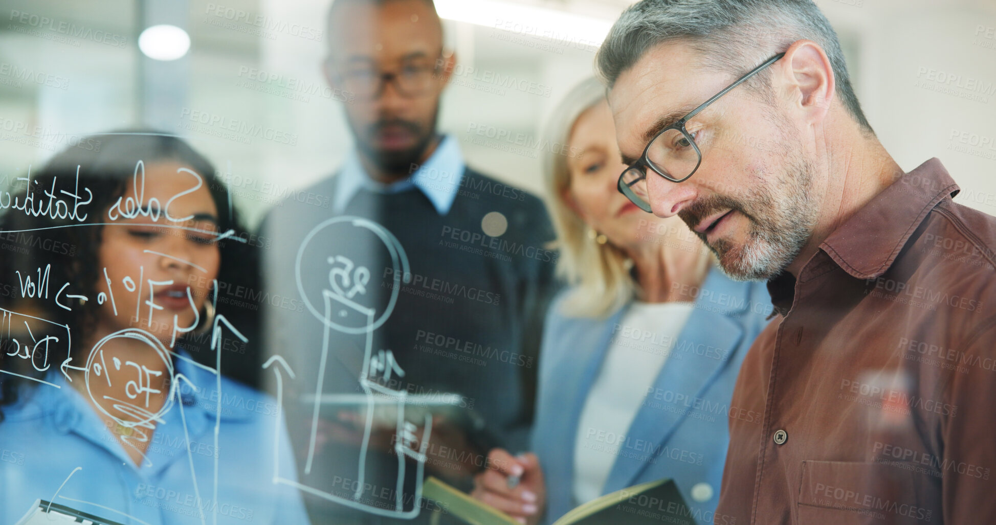 Buy stock photo Man, group and writing on glass wall at office, planning or insight with risk management solution. Mature person, team and notes on board for problem solving, strategy or feedback at insurance agency